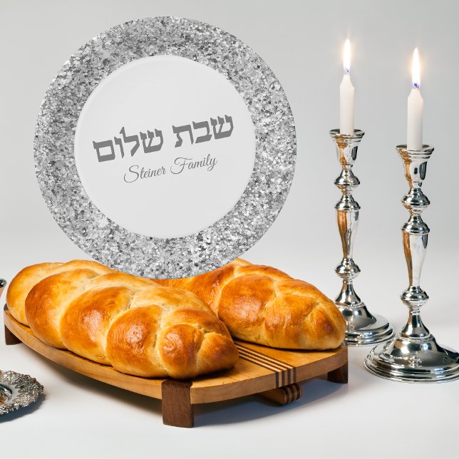 Elegant Silver Glitter Hebrew Shabbat Shalom  Paper Plates (Creator Uploaded)