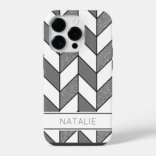 Elegant Silver Glitter Herringbone Chevron Pattern Iphone Case (Back)