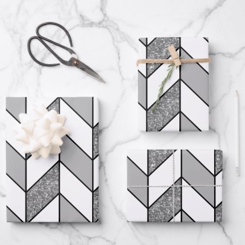 Elegant Silver Glitter Herringbone Chevron Pattern Wrapping Paper Sheets