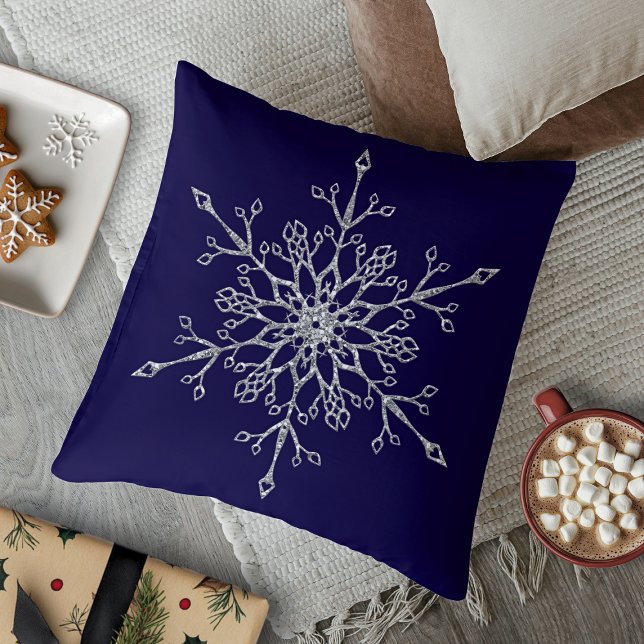 Elegant Silver Glitter Holiday Snowflake Navy Blue Throw Pillow (Elegant Silver Glitter Holiday Snowflake Navy Blue Throw Pillow)