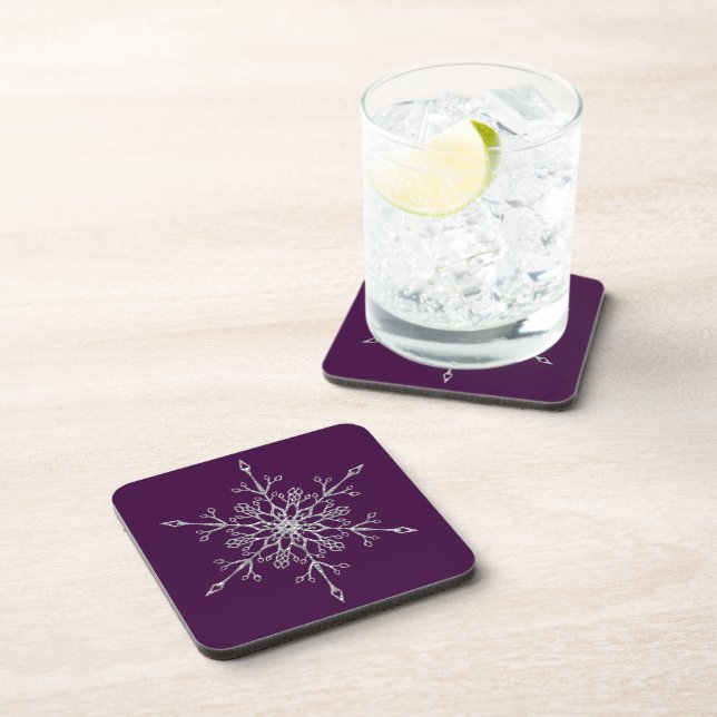 Elegant Silver Glitter Holiday Snowflake Purple Beverage Coaster (Right Side)