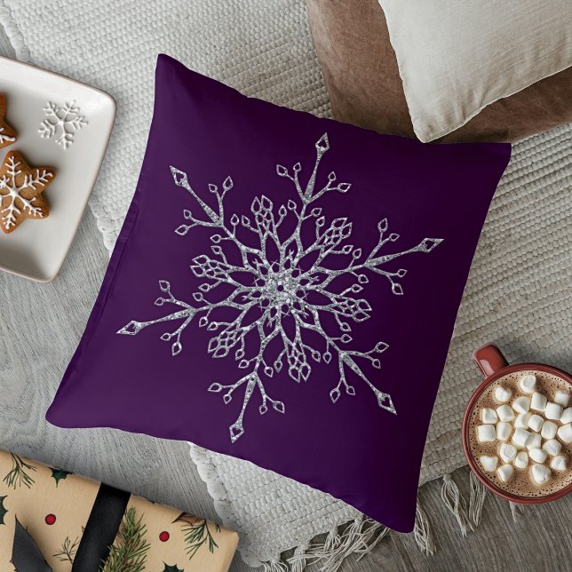 Elegant Silver Glitter Holiday Snowflake Purple Throw Pillow (Elegant Silver Glitter Holiday Snowflake Purple Throw Pillow)