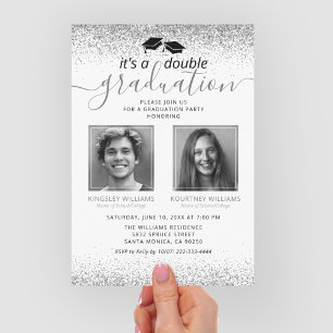 Elegant Silver Glitter Joint Graduation Photo Invitation