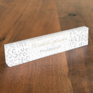 Elegant Silver Glitter Leopard Pattern Desk Name Plate