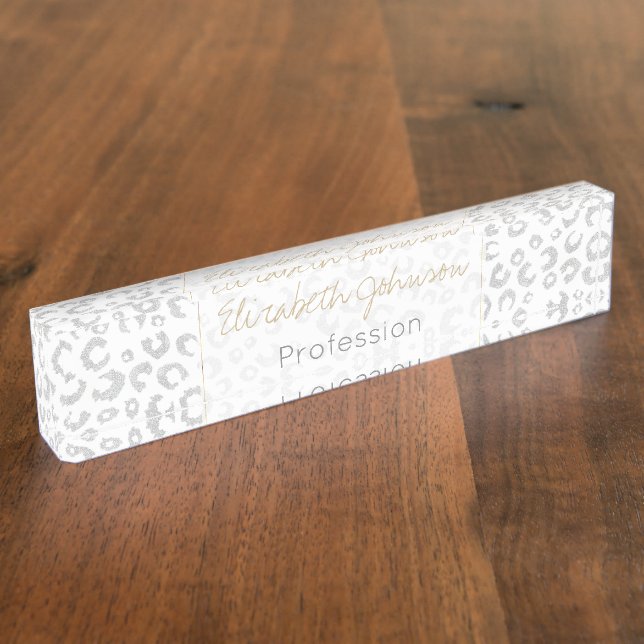 Elegant Silver Glitter Leopard Pattern Desk Name Plate (Side)