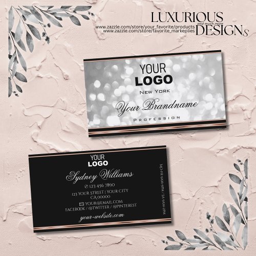 Elegant Silver Glitter Logo Black Rose Gold Border Business Card