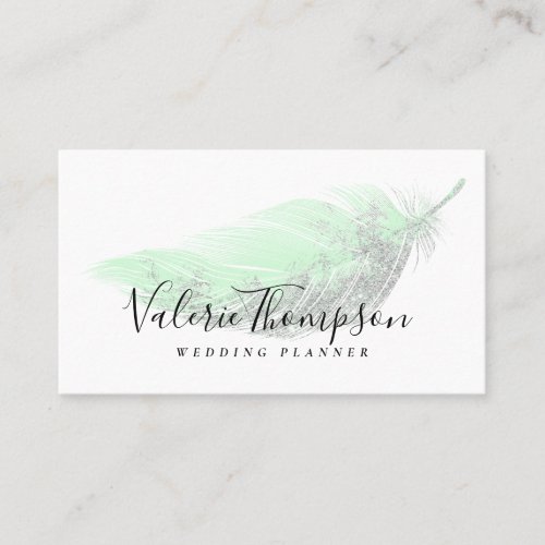 Elegant silver glitter mint green feather modern business card