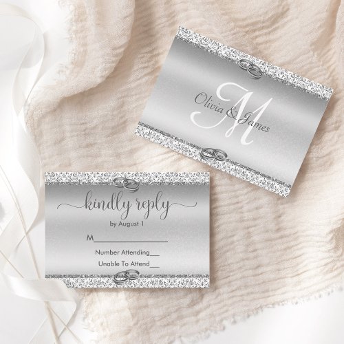 Elegant Silver Glitter Monogram Wedding RSVP Card