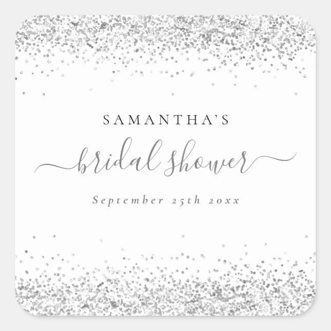 Elegant Silver Glitter Name Date Bridal Shower Square Sticker (Front)