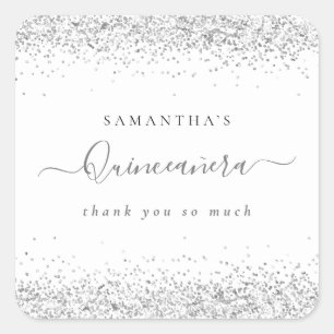 Elegant Silver Glitter Name Quinceañera Thank You Square Sticker