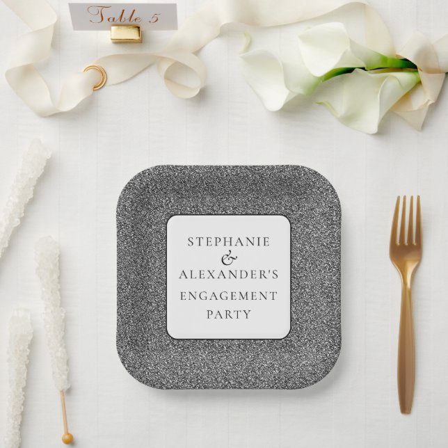 Elegant Silver Glitter Names Engagement Party Paper Plates (Wedding)