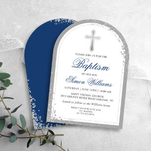 Elegant Silver Glitter Navy Blue Baptism Arch Invitation