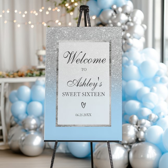 Elegant Silver glitter ombre Blue Sweet 16 Welcome Foam Board (Elegant Silver glitter ombre Blue Sweet 16 Welcome Foam Board)