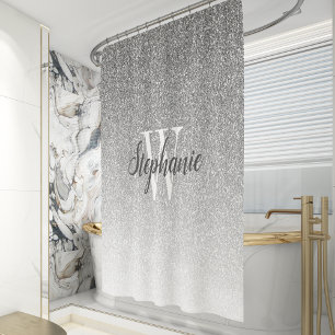Elegant Silver Glitter Ombre Monogram Shower Curtain
