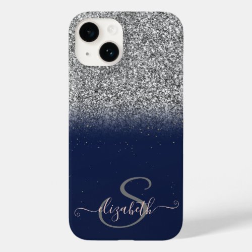 Elegant Silver Glitter OmbreNavy Blue Monogram  Case_Mate iPhone 14 Case