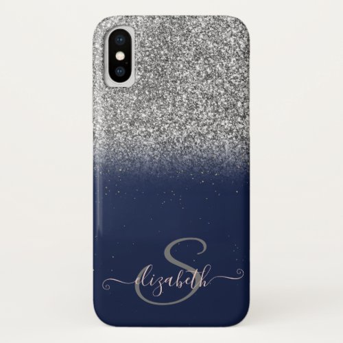 Elegant Silver Glitter OmbreNavy Blue Monogram iPhone X Case