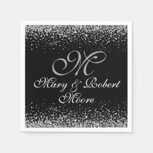Elegant Silver Glitter on Black Paper Napkins