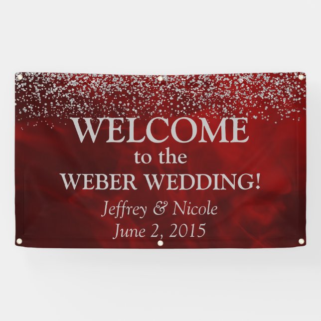 Elegant Silver Glitter on Red Wedding Banner (Horizontal)