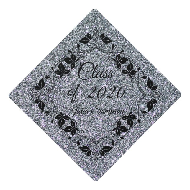 Elegant,Silver,Glitter,Ornamental,Personalize Graduation Cap Topper (Front)