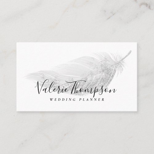 Elegant silver glitter pastel gray feather modern business card