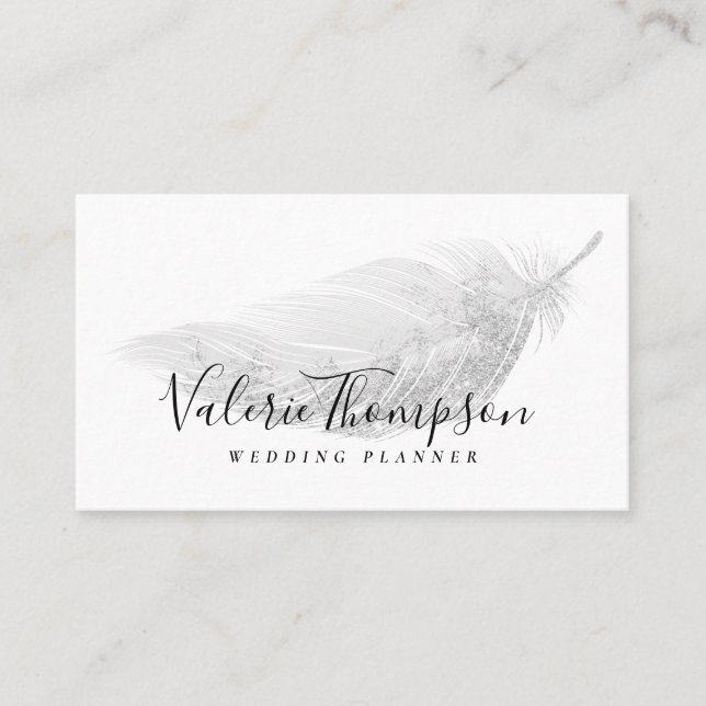 Elegant silver glitter pastel gray feather modern business card (Front)