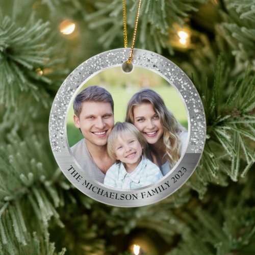 Elegant Silver Glitter Photo Metallic Christmas Ceramic Ornament