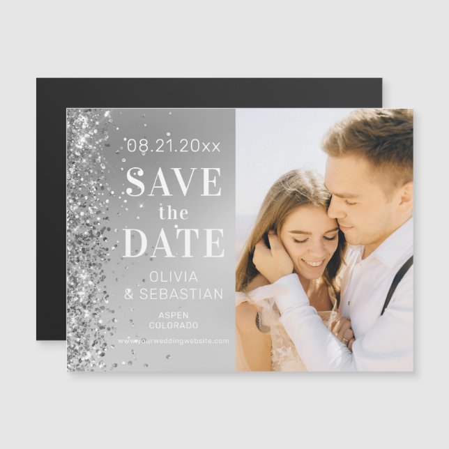 Elegant Silver Glitter Photo Wedding Save The Date Magnetic Invitation (Front/Back)