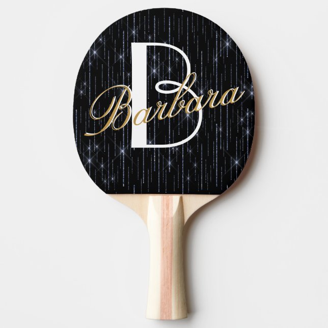 Elegant Silver Glitter Plus Custom Monogram Name   Ping Pong Paddle (Front)