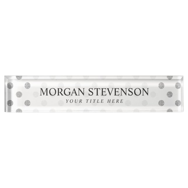 Elegant Silver Glitter Polka Dots Pattern Desk Name Plate (Front)