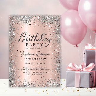 Elegant Silver Glitter Rose Gold 13th Birthday Invitation