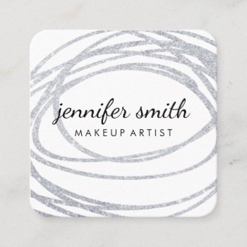 Elegant Silver Glitter Scribble Square Business Card by lovely_businesscards at Zazzle