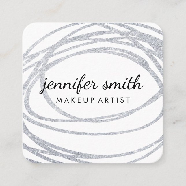 Elegant Silver Glitter Scribble Square Business Card (Front)