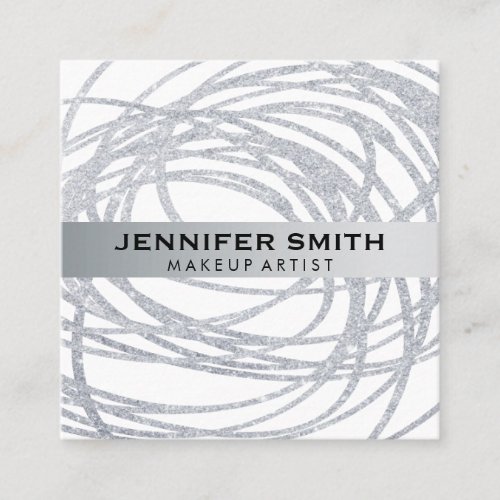 Elegant Silver Glitter Scribble Square Business Card