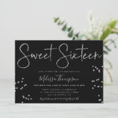 Elegant silver glitter script black Sweet 16 Invitation (Standing Front)
