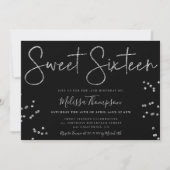Elegant silver glitter script black Sweet 16 Invitation (Front)