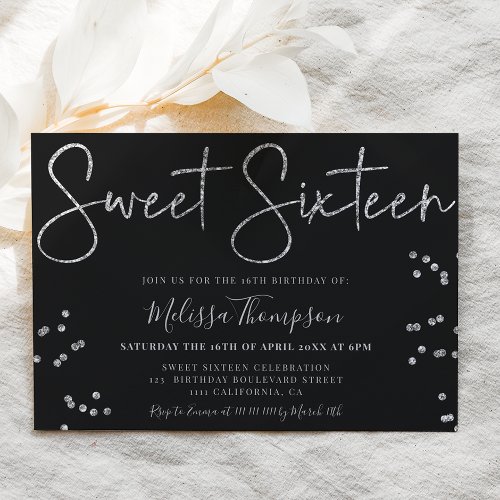 Elegant silver glitter script black Sweet 16 Invitation