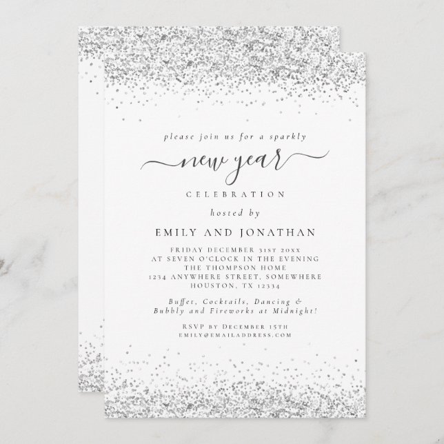 Elegant Silver Glitter Script New Years Eve Party Invitation (Front/Back)