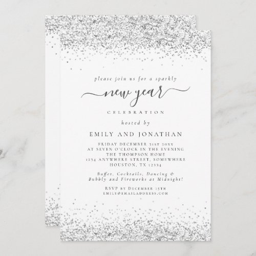Elegant Silver Glitter Script New Years Eve Party Invitation