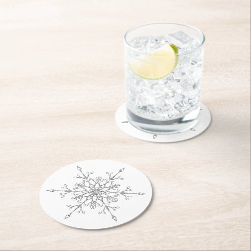 Elegant Silver Glitter Snowflake Christmas Round Paper Coaster