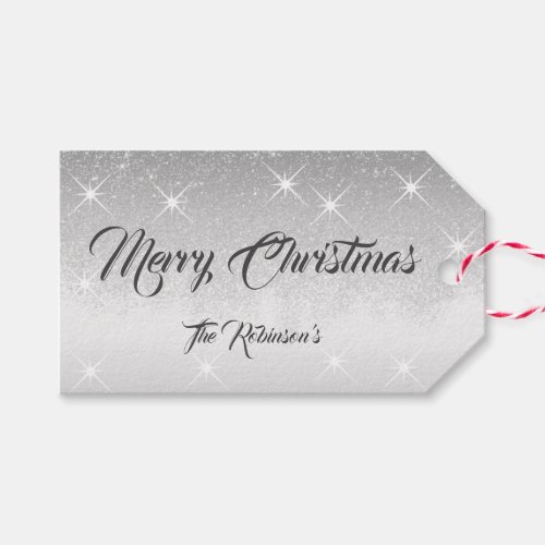 Elegant Silver Glitter Stars Custom Name Christmas Gift Tags