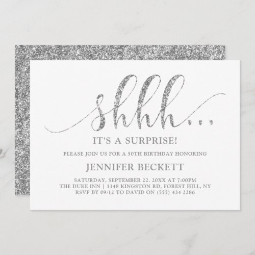 Elegant Silver Glitter Surprise Birthday Party Invitation