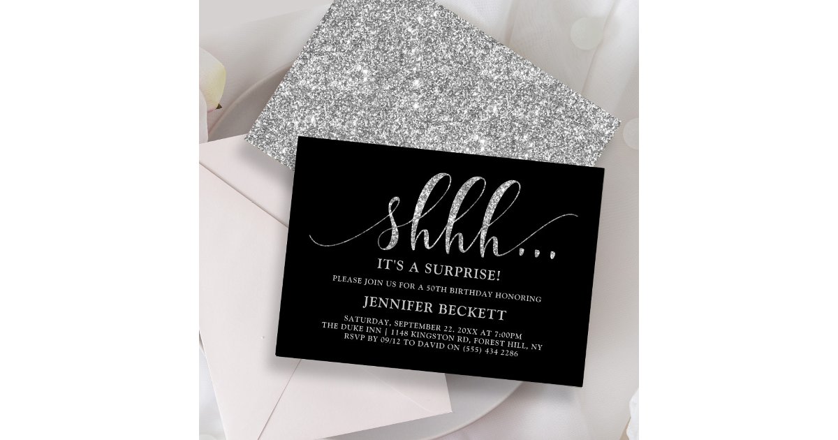 Silver Rattle Invitation Elegant Silver Glitter Surprise Birthday Party Invitation | Zazzle