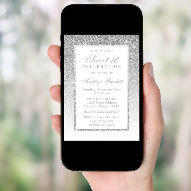Elegant Silver Glitter Sweet 16 Birthday Invitation (Front Digital)