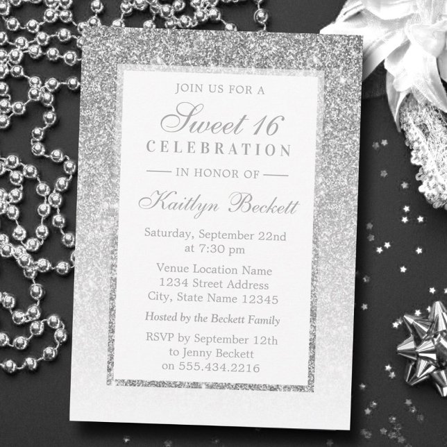 Elegant Silver Glitter Sweet 16 Birthday Invitation (Creator Uploaded)
