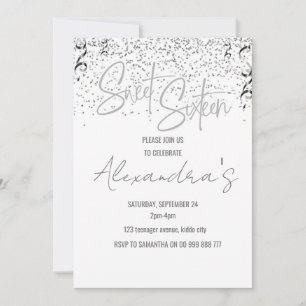 Elegant Silver Glitter Sweet Sixteen Girl Birthday Invitation