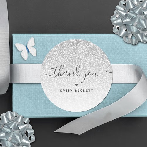 Elegant Silver Glitter Thank You Classic Round Sticker