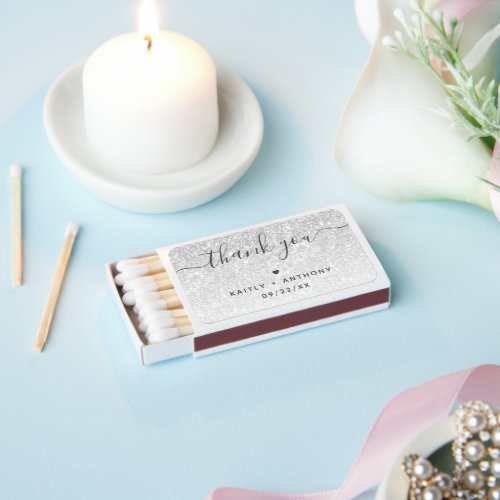 Elegant Silver Glitter Thank You Wedding Favor Matchboxes