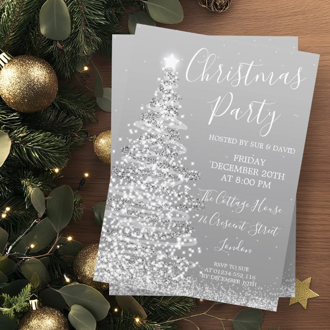 Elegant Silver Glitter Tree Christmas Party  Invitation (Elegant Silver Glitter Tree Christmas Party Invitation)