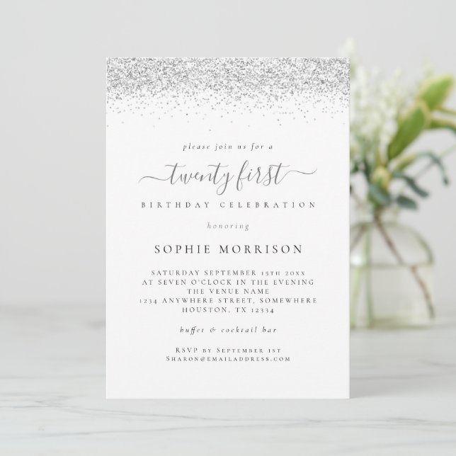 Elegant Silver Glitter Twenty First Birthday Party Invitation (Standing Front)