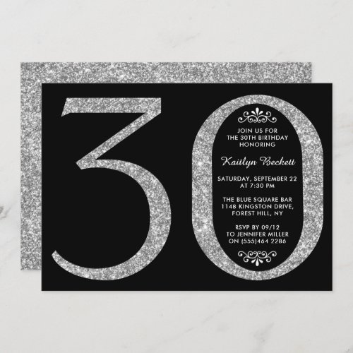 Elegant Silver Glitter Typography 30th Birthday Invitation